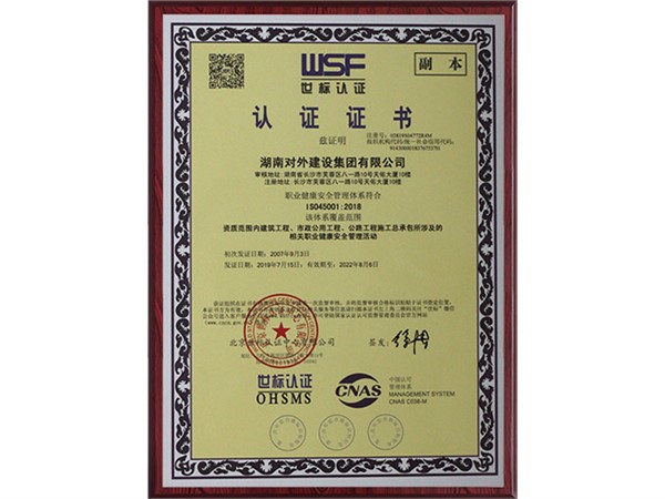 職業健康安全管理體系證書